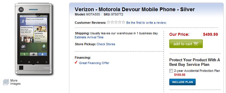 Motorola DEVOUR now available at Best Buy, bathtub is extra