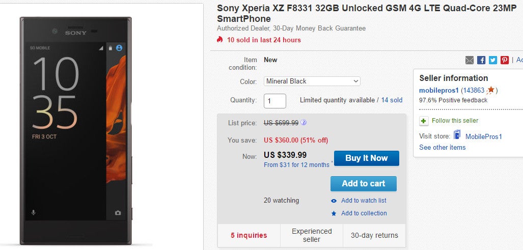 Deal: Sony Xperia XZ is on sale for just $339.99 (32% off) on eBay