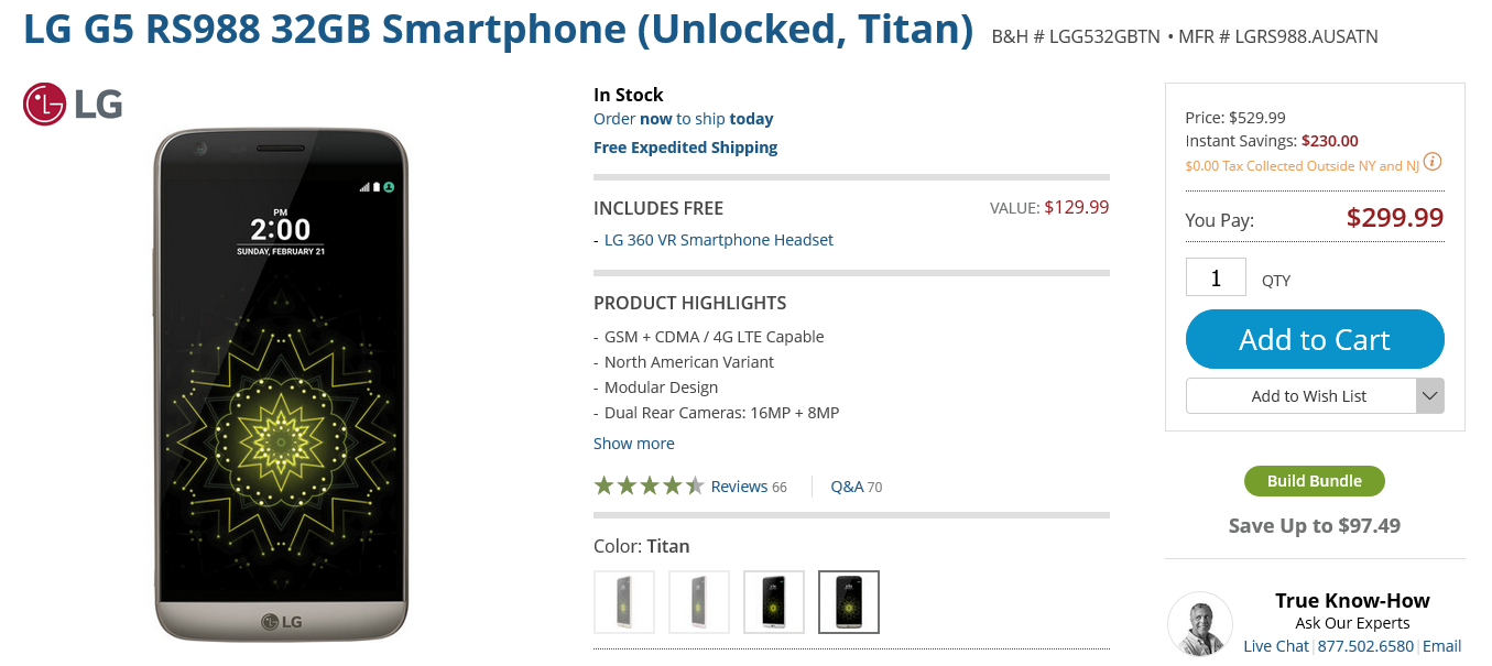 Save 43% on the LG G5 from B&H Photo, and receive a free LG 360 VR headset - Deal: Buy the LG G5 for just $299.99 and get a free LG 360 VR headset worth $129.99