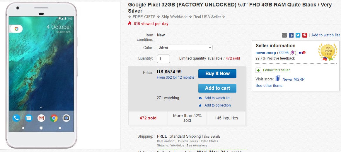Grab an unlocked 32GB Google Pixel for only $575 on eBay