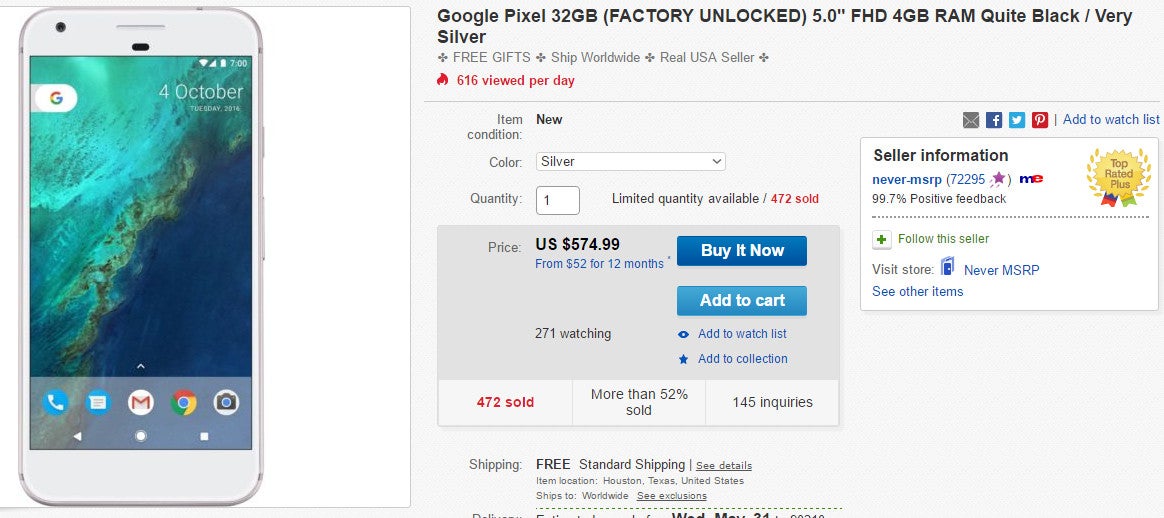 Grab an unlocked 32GB Google Pixel for only $575 on eBay