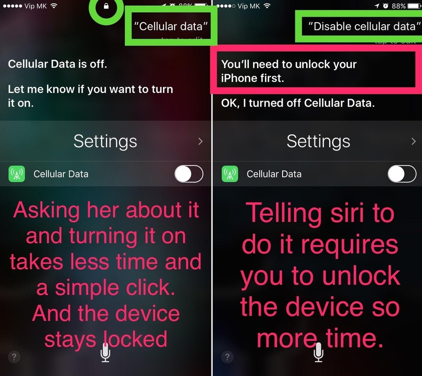 At right, asking Siri to turn on Cellular Data results in a demand for your Passcode. At left, ask Siri about the status of your Cellular Data switch and you can skip Passcode protection to toggle off Cellular Data - Siri flaw allows anyone to disable cellular data on your iPhone without a Passcode