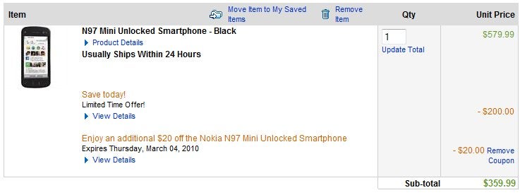 Dell is offering an unlocked Nokia N97 mini for $360 - down from $580
