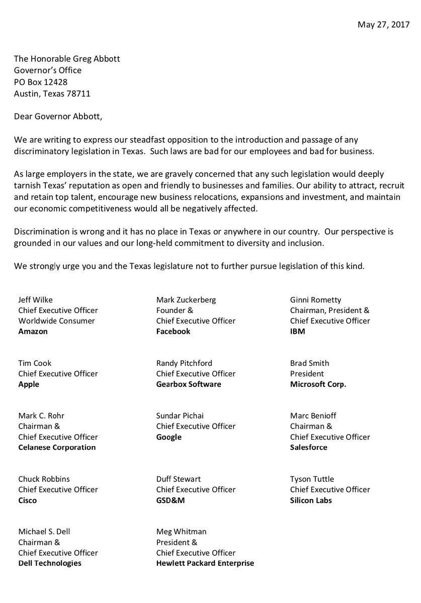 A copy of the letter was posted on Twitter by Marc Benioff, CEO of Salesforce - Tim Cook, Zuckerberg and 12 other tech bosses oppose the “Bathroom bill” in a letter to Texas’ Governor