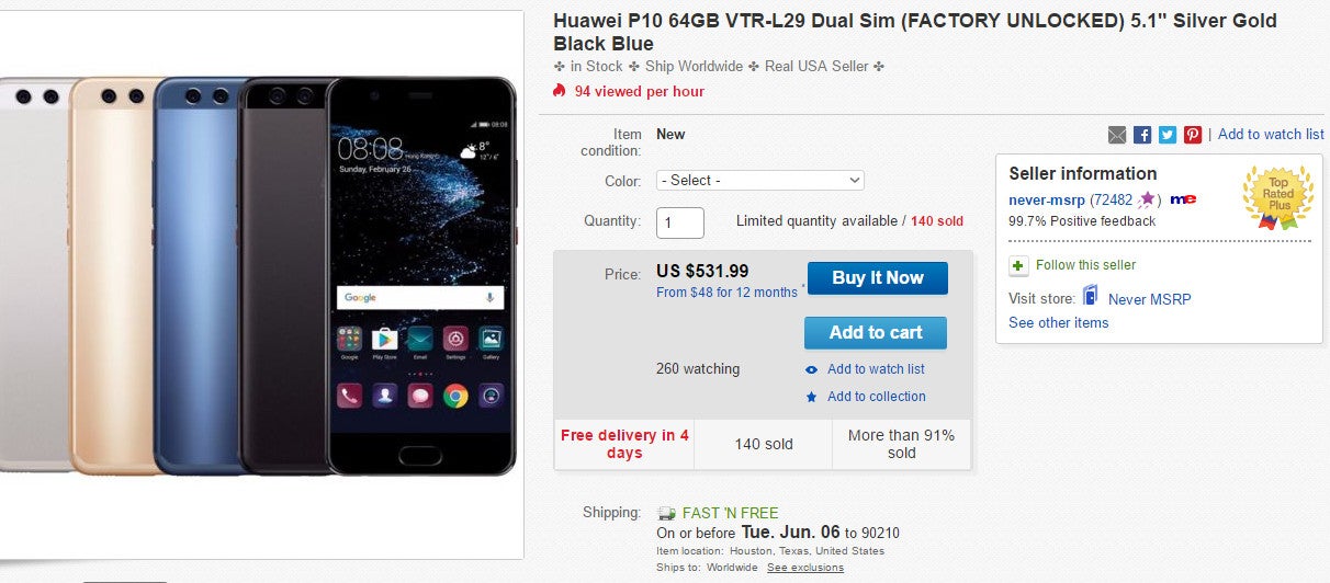 Huawei P10 unofficially available in the U.S. for $532