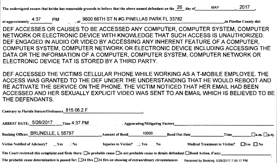 Police report generated by the arrest of T-Mobile employee Roberto Sanchez Ramos - T-Mobile employee allegedly steals sex video from customer's phone