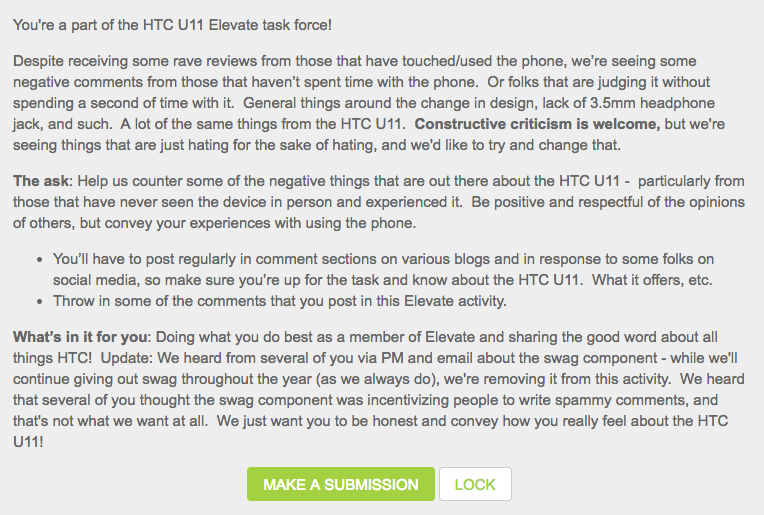 The post on HTC's elevate community - HTC promises "swag" in exchange for positive U11 publicity to VIP community members (Update)