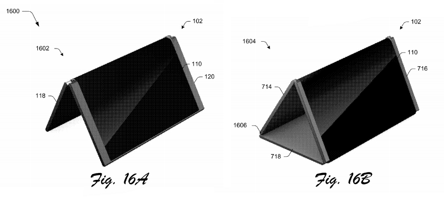 A graphic from one of Microsoft&#039;s patents for a foldable smartphone - The Microsoft Surface Mobile will include a built-in projector, Surface Pen, and Win32 app support, leak shows