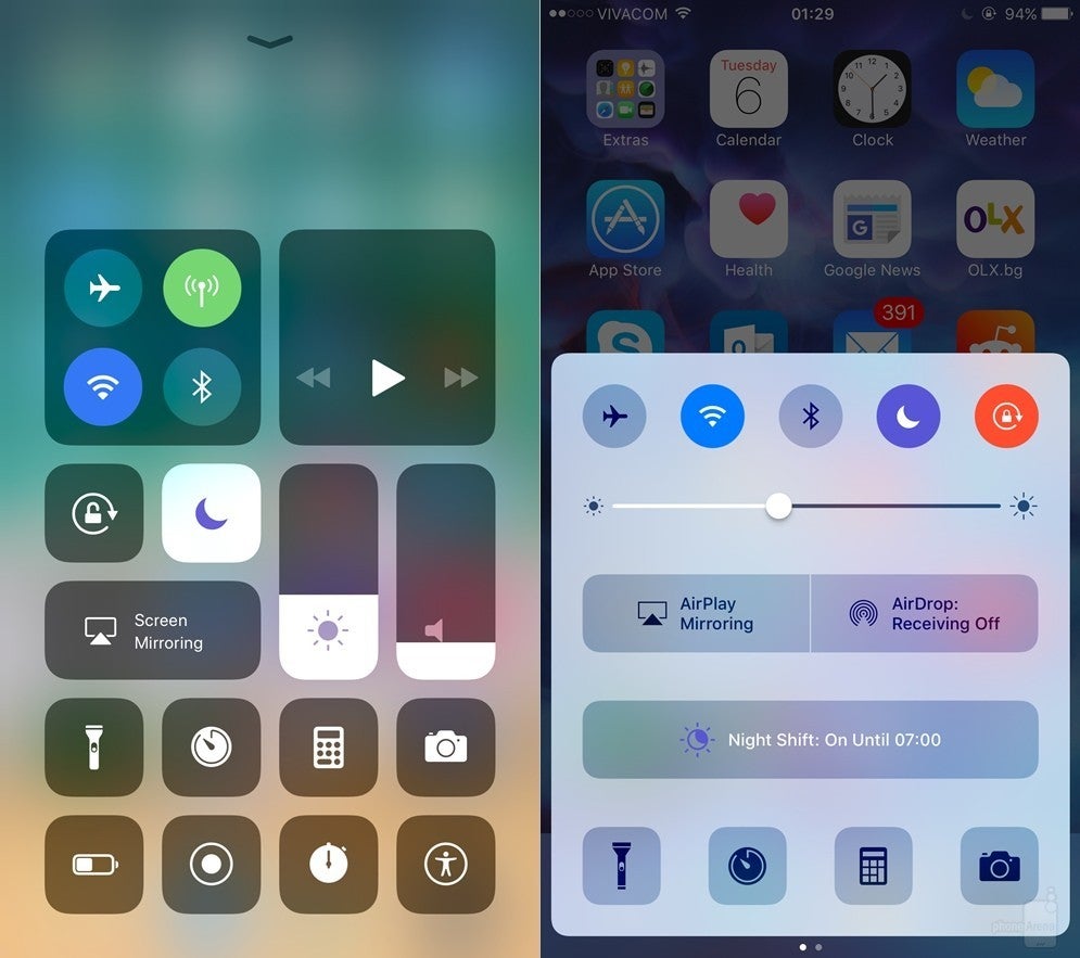 Control Center in the iOS 11 developer preview (left) vs Control Center in iOS 10 - What&#039;s new in Control Center in iOS 11: design, functionality, customization