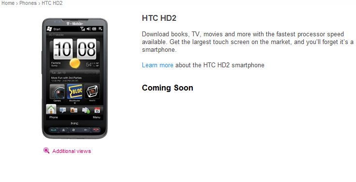 T-Mobile lists the HTC HD2 as &quot;coming soon&quot; on its site