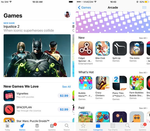 The Games tab in App Store for iOS 11 (left) vs the Games category in iOS 10 (right) - First look at the new iOS 11 App Store