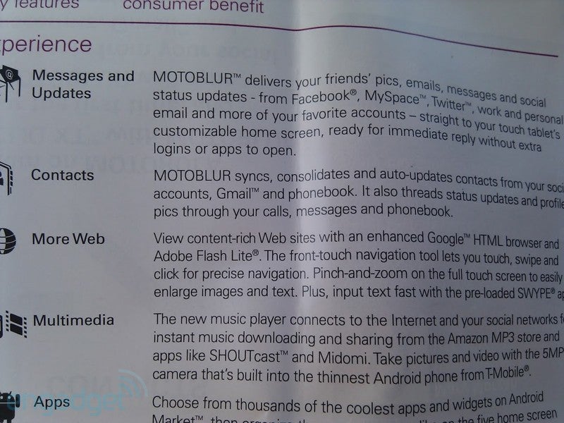 Motorola CLIQ XT pamphlets gives pointer on how to sell it in 60 seconds