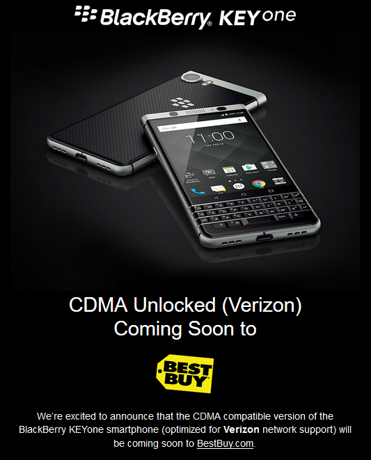 A version of the BlackBerry KEYone that supports Verizon&#039;s network will soon be available from Best Buy - Verizon optimized CDMA version of BlackBerry KEYone to arrive soon at Best Buy
