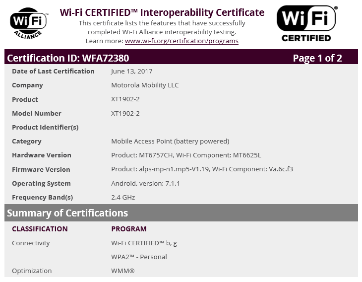 The Motorola XT1902-02, possibly the Moto M2, receives its Wi-Fi certification - Moto M2 (XT1902-02) receives its Wi-Fi certification?