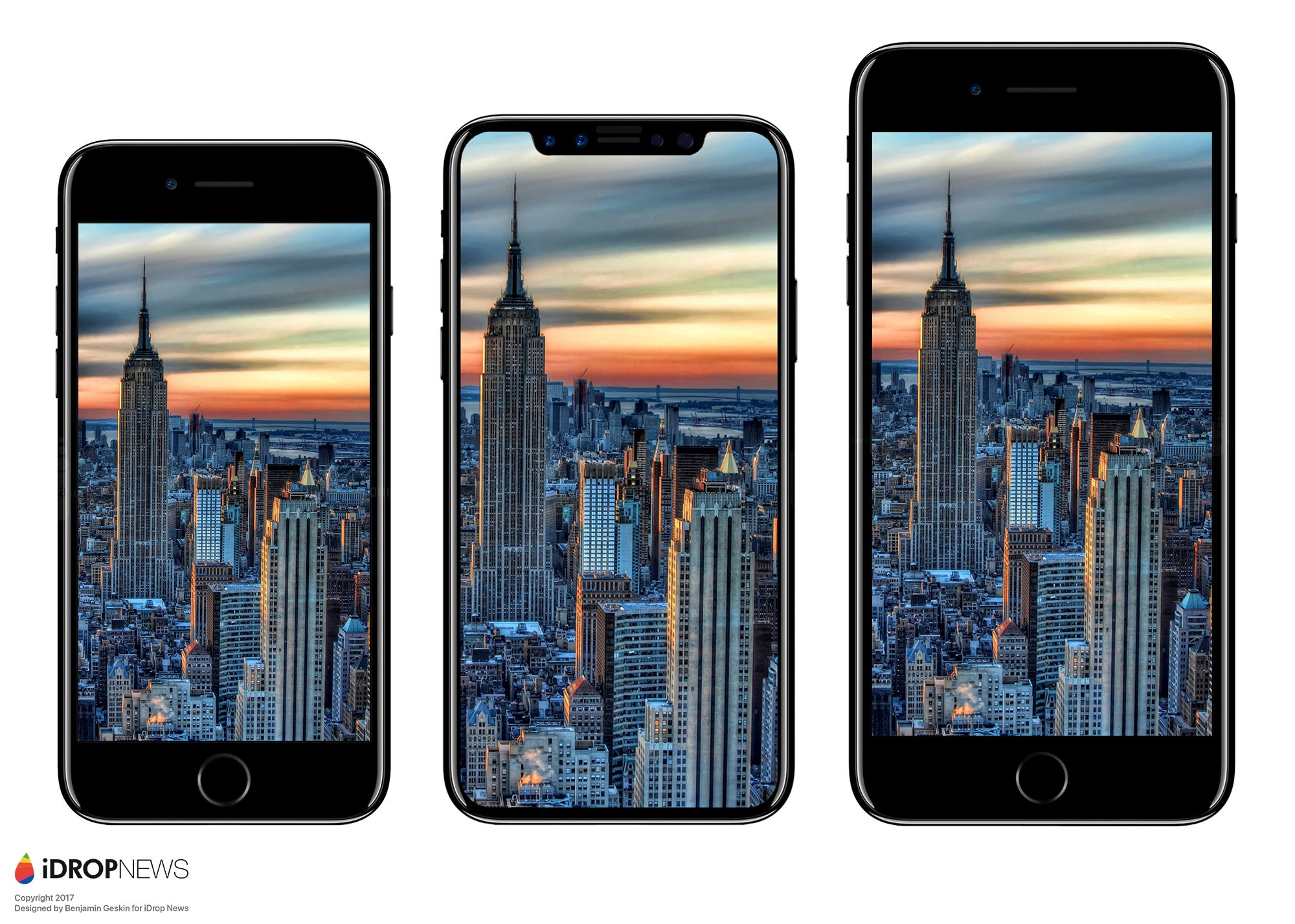 From left to right - iPhone 7, iPhone 8, iPhone 7 Plus - Apple iPhone 7s, 7s Plus, iPhone 8 rumor review: design, specs, features, price, release date