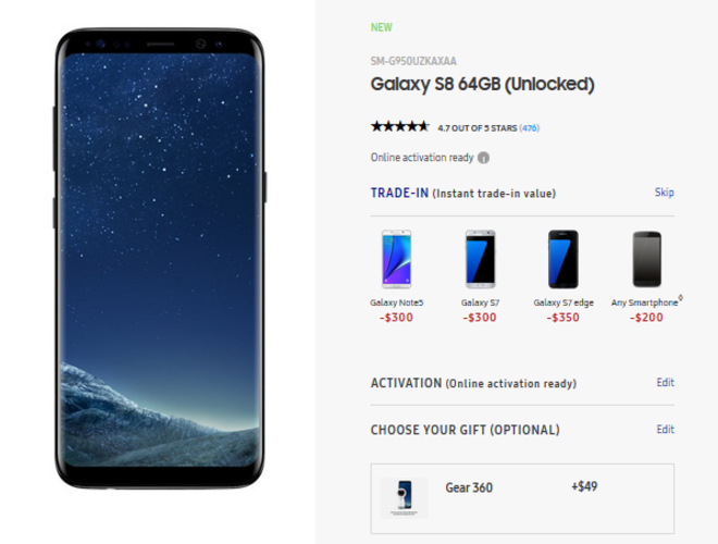 Trade in a working smartphone and get $200 to $350 off the purchase of the Samsung Galaxy S8 and Galaxy S8+ - Samsung will give you $200 to $350 off the Galaxy S8 and Galaxy S8+ with trade
