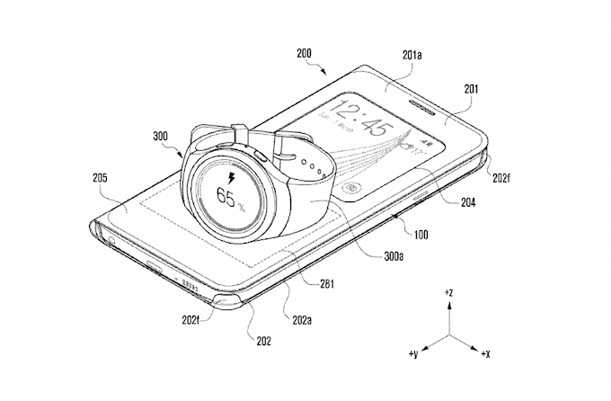 Patent images indicate that your Gear watch could be charged wirelessly, when placed on top of your smartphone - Samsung patents smartphone case that could wirelessly charge your Gear watch