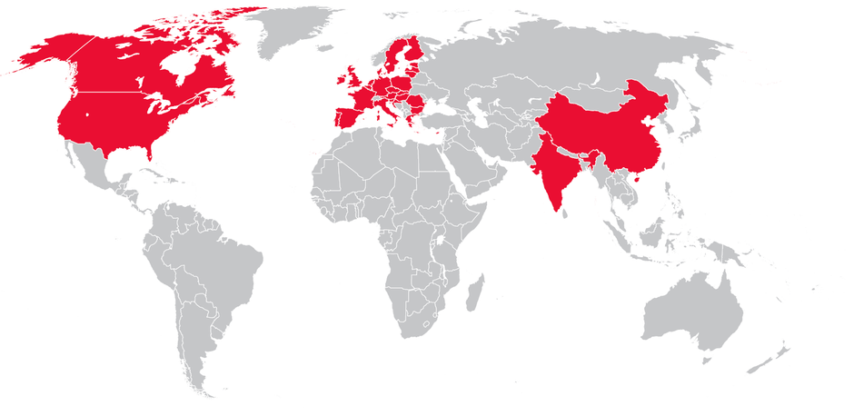 The OnePlus 5 will be officially available in all of the countries marked in red - OnePlus 5 price and release date