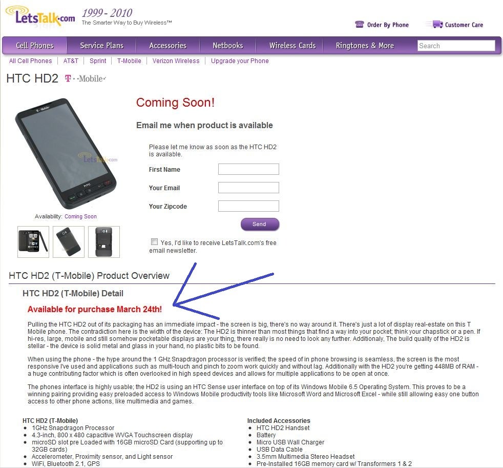 Let&#039;s Talk shows March 24th as its launch date for the HTC HD2