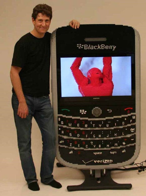 Giant sized BlackBerry Tour 9630 constructed out of LEGO pieces &amp; LCD TV