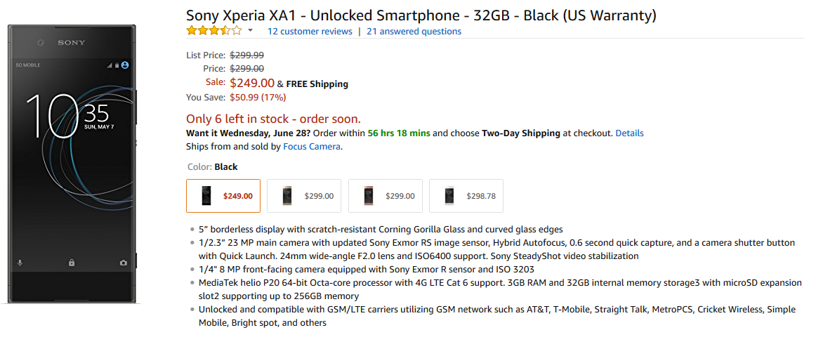 Pick up the Sony Xperia XA1 on sale at Amazon - Deal: Take $50.99 off the Sony Xperia XA1 at Amazon