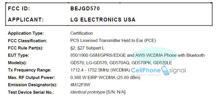 LG coming to T-Mobile with the GD570 that supports the AWS bands?