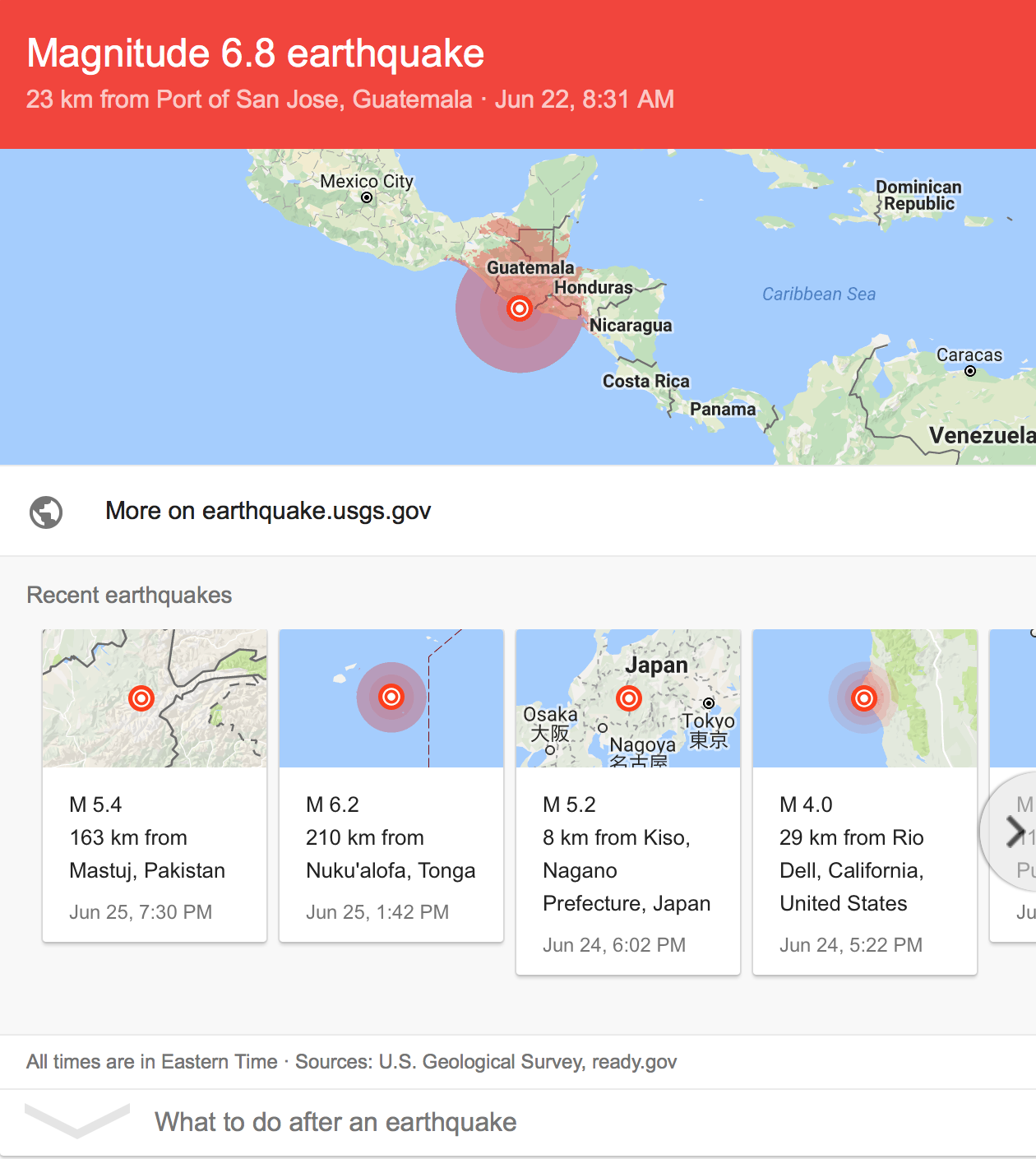 Knowledge card showing recent earthquakes - Google Home six times better at searches than Amazon Echo according to independent study