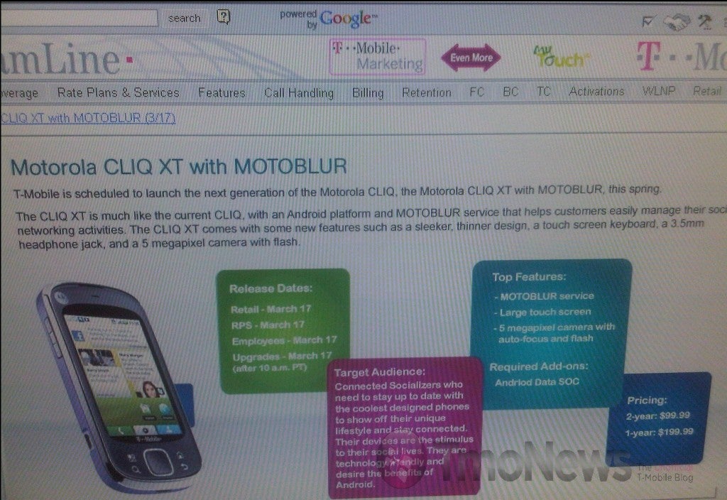 T-Mobile to price Motorola CLIQ XT at $99 with 2 year contract
