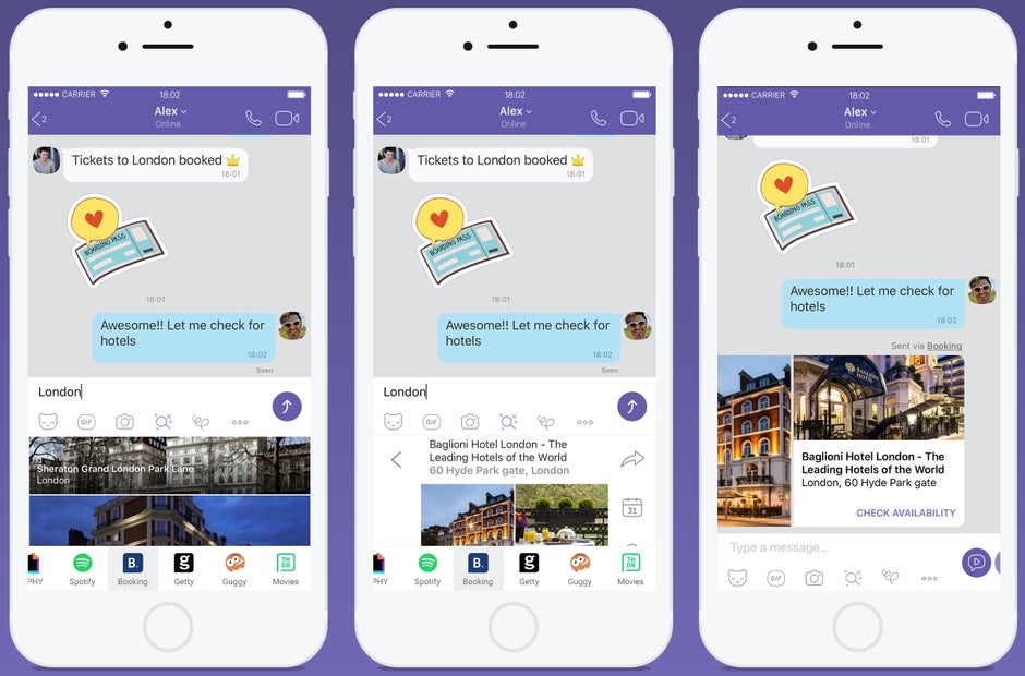 This is how Chat Extensions look in the latest Viber version. - Viber adds Chat Extensions for YouTube, Spotify, Booking, GIPHY, and more - get it all done within the chat