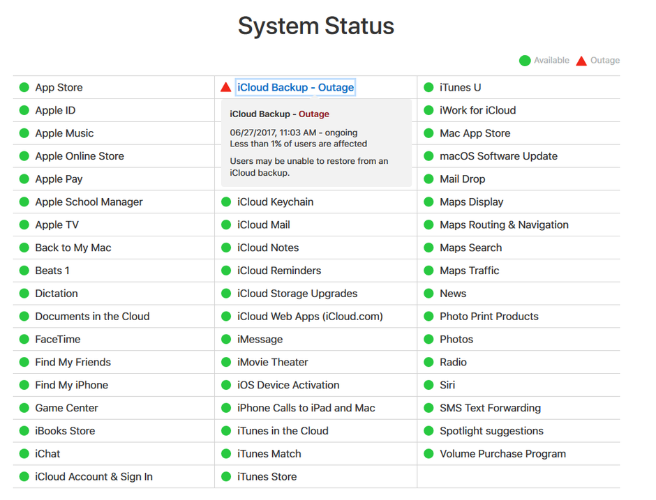 Apple's system status board still shows an outage to iCloud - Some Apple users have been unable to produce or access backups from iCloud for more than 36 hours