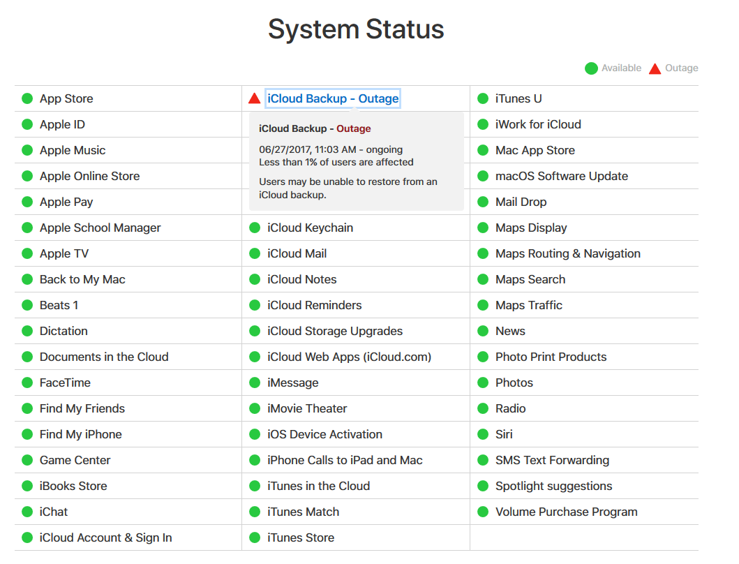 Apple&#039;s system status board still shows an outage to iCloud - Some Apple users have been unable to produce or access backups from iCloud for more than 36 hours