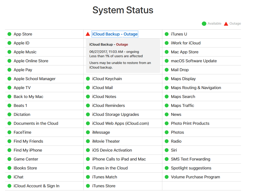 Apple's system status board still shows an outage to iCloud - Some Apple users have been unable to produce or access backups from iCloud for more than 36 hours