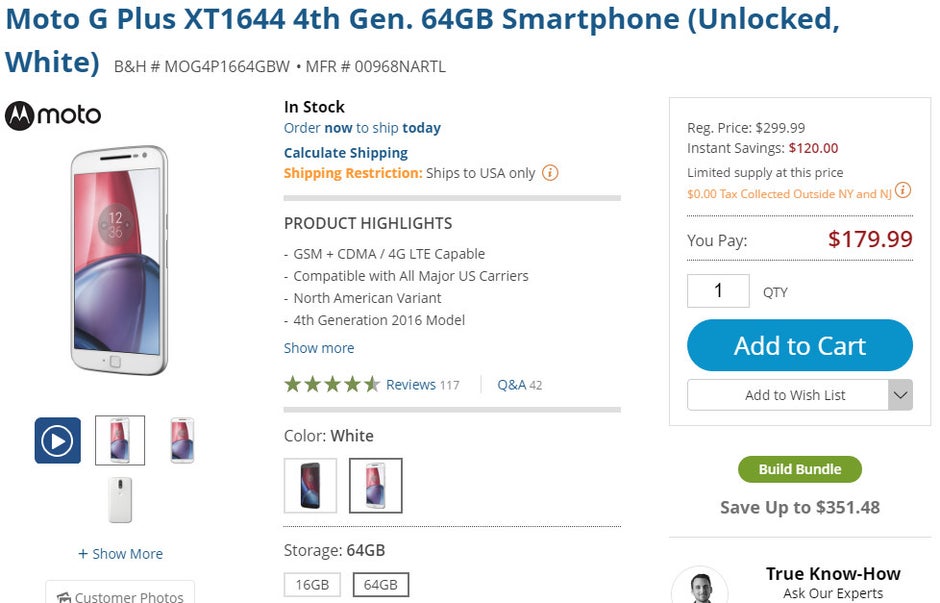 Deal: Unlocked Moto G4 Plus 64GB is heavily discounted (40% off) at B&H