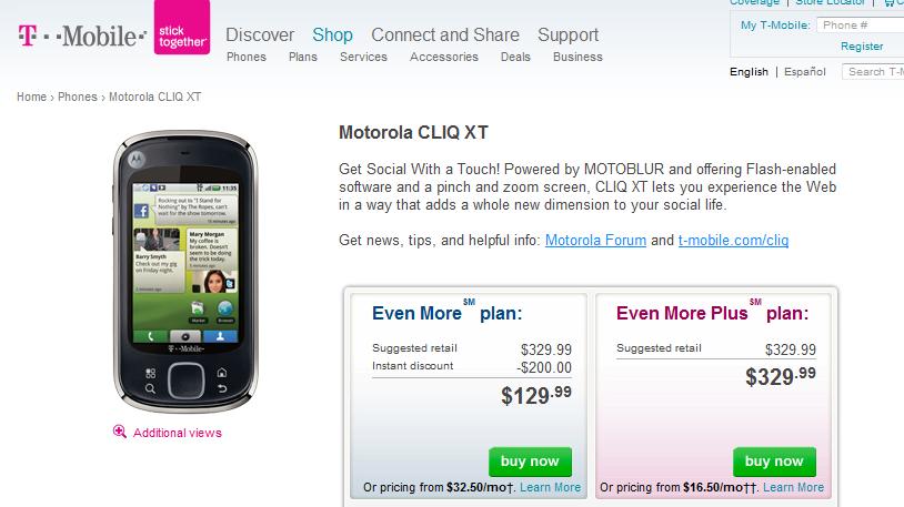 T-Mobile now offers Motorola CLIQ XT for $129.99