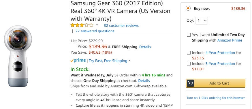 Deal: Save $40 when you buy the Samsung Gear 360 (2017) on Amazon