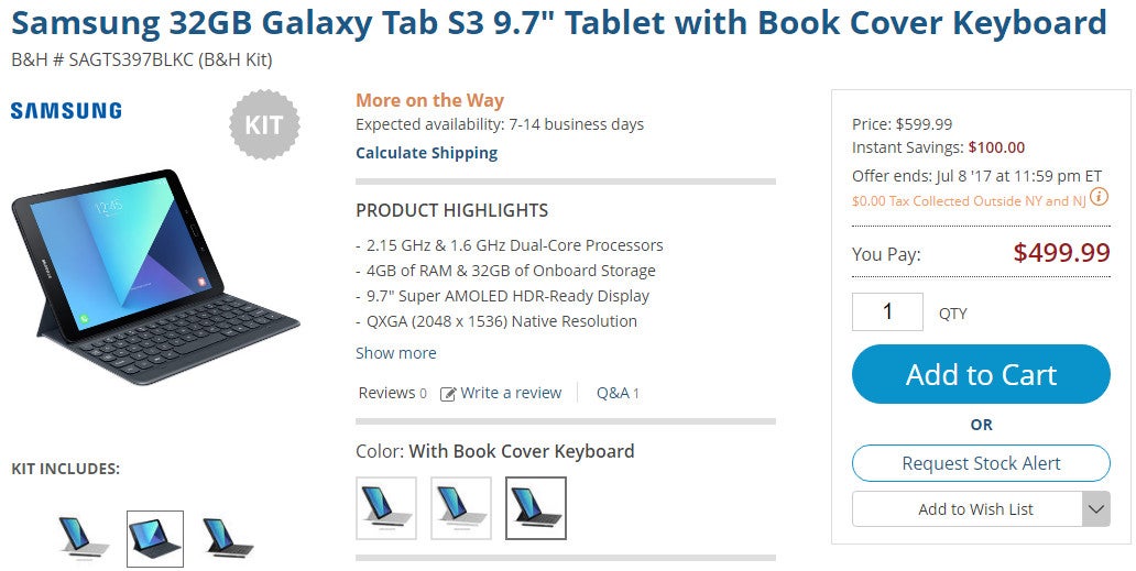 Deal: Samsung Galaxy Tab S3 9.7-inch with book cover keyboard costs $500 at B&H