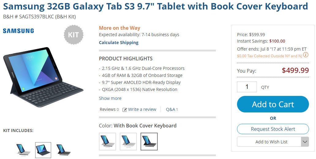 Deal: Samsung Galaxy Tab S3 9.7-inch with book cover keyboard costs $500 at B&amp;H