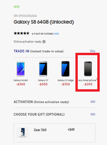 Samsung&#039;s website showing how much trade-credit each trade receives from the manufacturer. - Samsung gives the owner of a mint condition LG K8 $25 for its Galaxy S8/S8+ trade-in deal