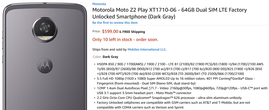 Unlocked Motorola Moto Z2 Play (for T-Mobile and AT&T) is now unofficially available via Amazon