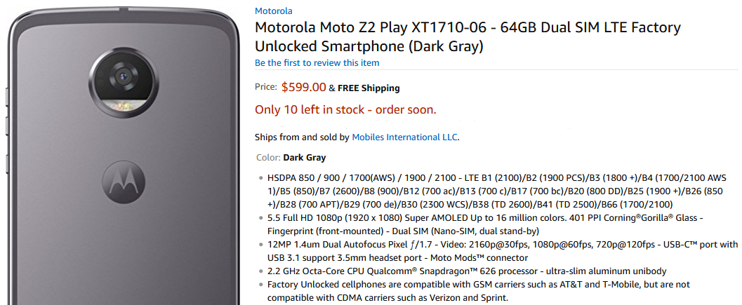 Unlocked Motorola Moto Z2 Play (for T-Mobile and AT&amp;T) is now unofficially available via Amazon