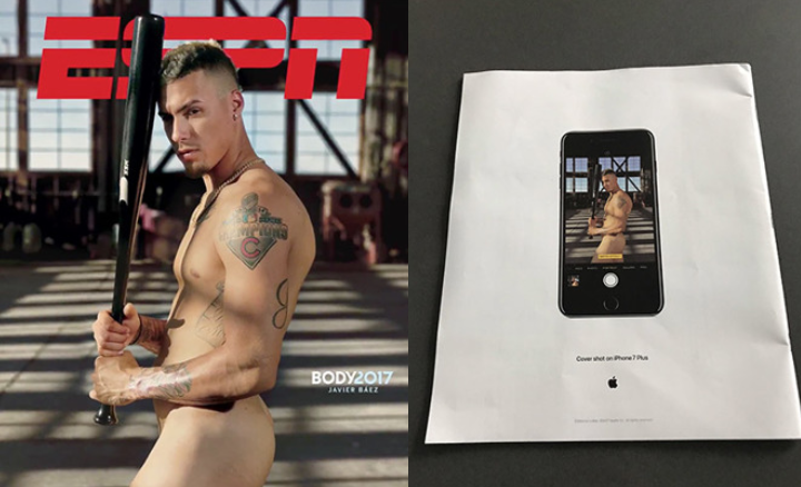 At left, cover shows ESPN Body issue with Javier Baez, shot on iPhone 7 Plus. At right, Apple's ad on the issue's rear cover - ESPN's 9th annual 'Body issue' cover was shot on Apple iPhone 7 Plus
