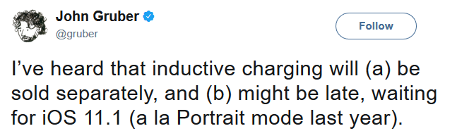 Tweet from tipster John Gruber discusses a delay i - Wireless charging technology for 2017 iPhone models is running late; hardware to be sold separately