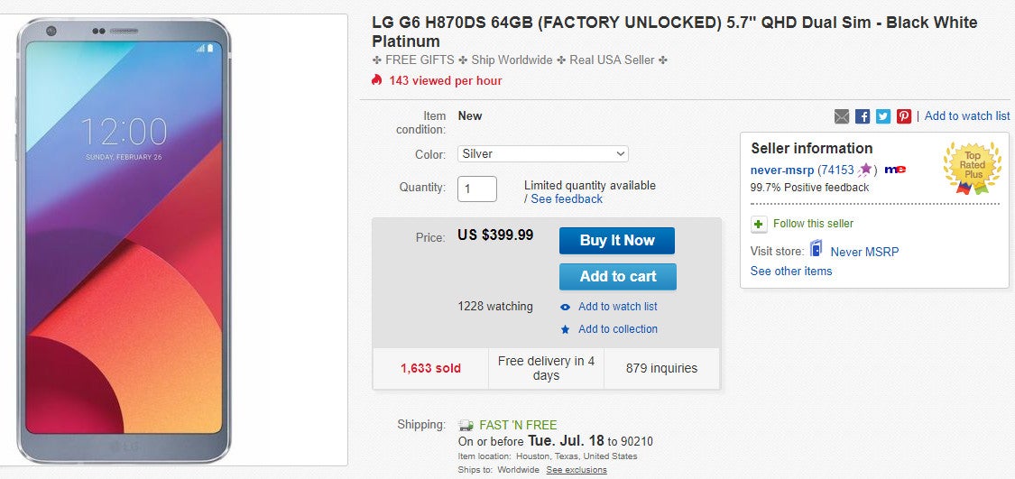Deal: Unlocked LG G6 64GB drops under $400 on eBay