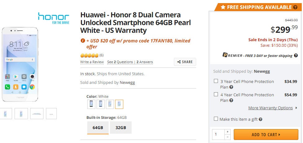Deal: Save $170 when you buy the Honor 8, on sale at Newegg for just $279.99