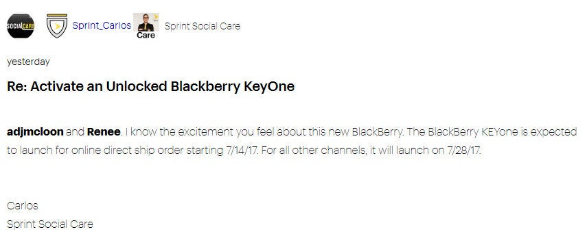 BlackBerry KEYone coming to Sprint on July 14