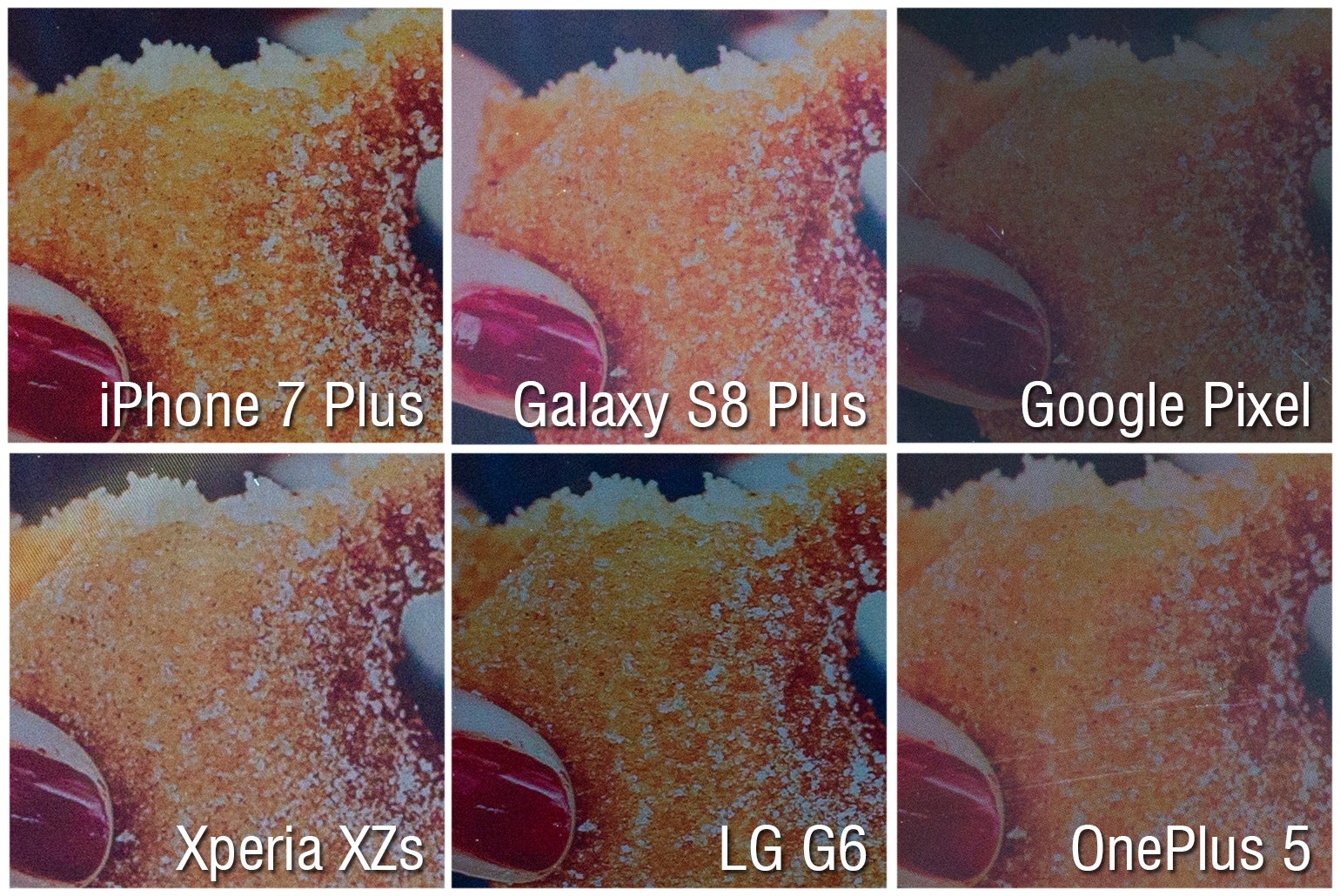 100% crops under direct sunlight - Display brightness and outdoor visibility comparison: Samsung Galaxy S8 vs iPhone 7 vs LG G6 vs Google Pixel vs Sony Xperia XZs