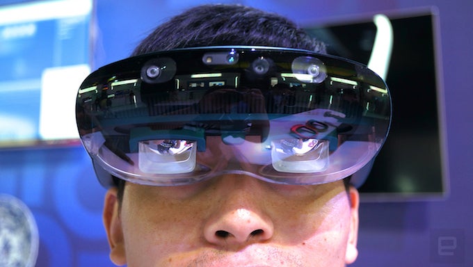 Lenovo&#039;s concept AR headset features clearly visible sensors at the front that do not seem like a brilliant design decision. Image credit to Engadget. &amp;nbsp - Lenovo reveals concepts for a standalone AR headset, a smart speaker-projector and an own AI assistant