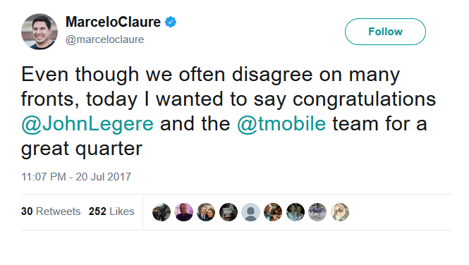 Sprint CEO Marcelo Claure praises T-Mobile and its CEO John Legere for releasing an amazing earnings report - Does Marcelo Claure's tweet to John Legere hint at an upcoming merger?