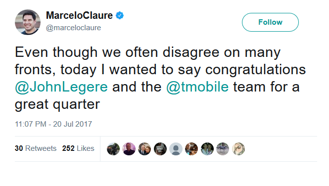 Sprint CEO Marcelo Claure praises T-Mobile and its CEO John Legere for releasing an amazing earnings report - Does Marcelo Claure&#039;s tweet to John Legere hint at an upcoming merger?