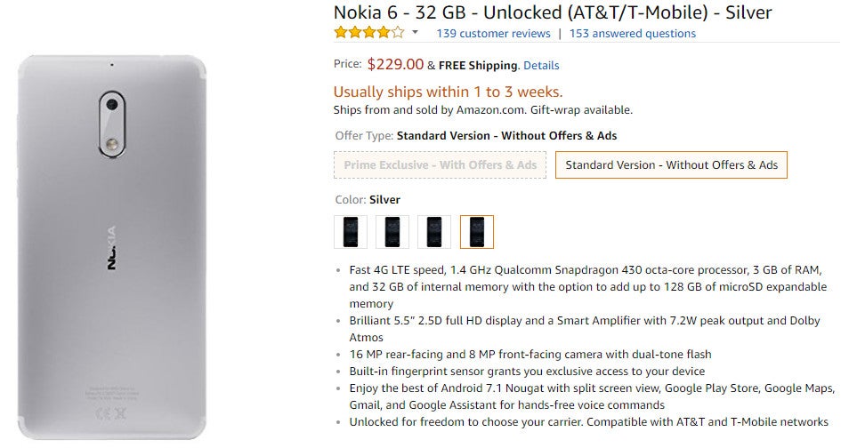 Silver Nokia 6 goes on pre-order on Amazon, ships within 1 to 3 weeks